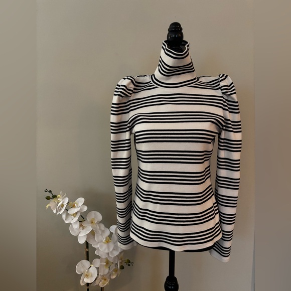 Veronica Beard black cream striped puff sleeve turtleneck size L - Picture 2 of 6